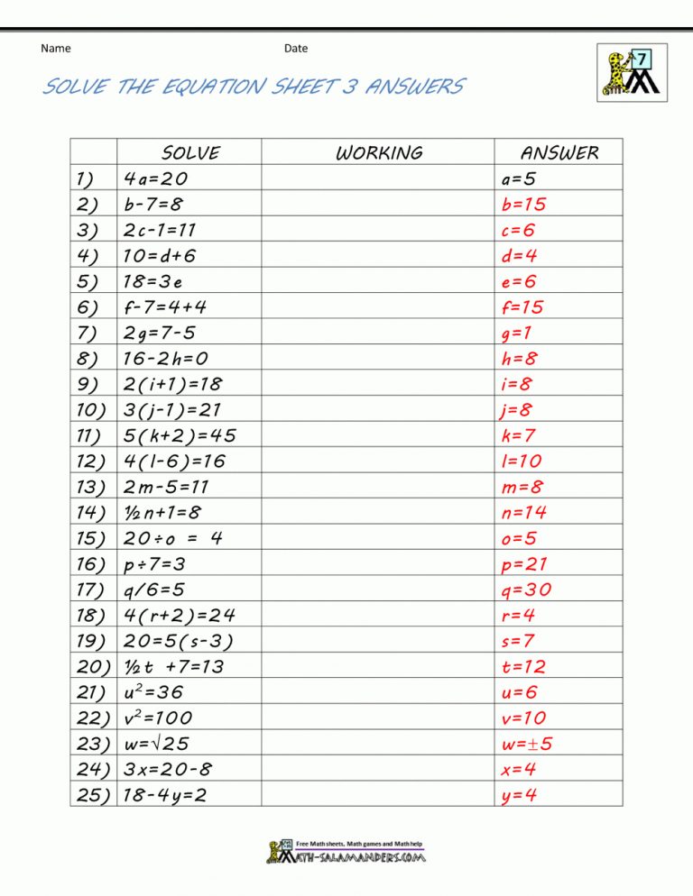 Basic Algebra Worksheets - Free Printable 8Th Grade Algebra Worksheets ...
