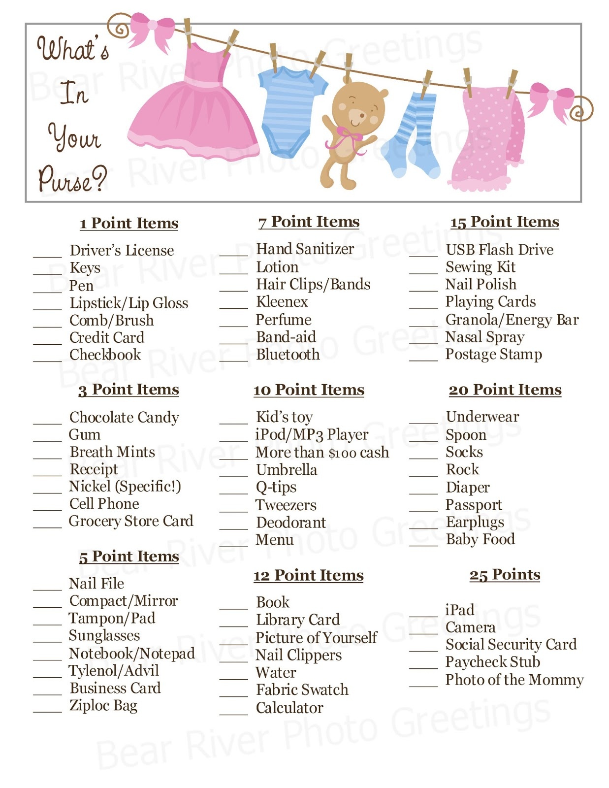 Bear River Photo Greetings: New! Instant Download Baby Shower Games - Free Printable Baby Shower Game What&amp;#039;s In Your Purse