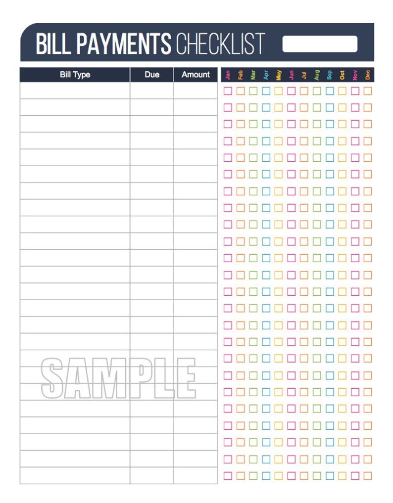 Bill Payment Checklist Printable Fillable Personal Finance | Etsy - Free Printable Bill Pay Checklist
