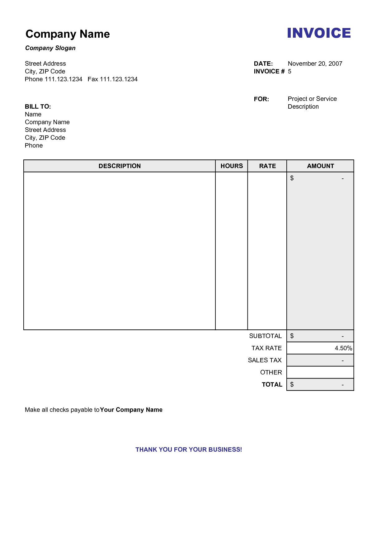 Blank Billing Invoice | Scope Of Work Template | Organization - Free Printable Blank Invoice Sheet