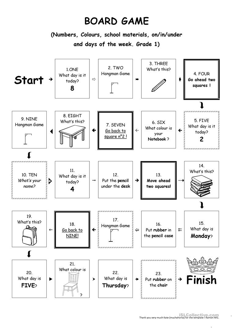 Board Game Grade 1 - Colours, Numbers, School Material, Etc - Free Printable Number Of The Day Worksheets