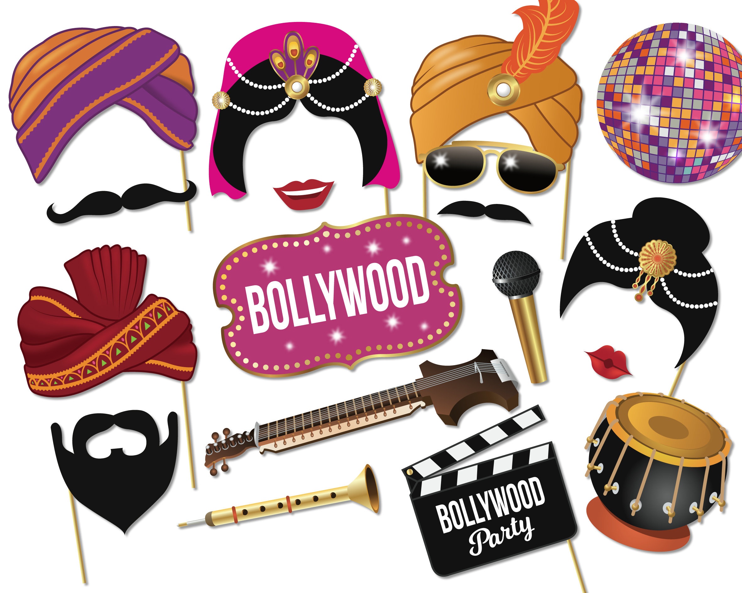 Bollywood Party Printable Photo Booth Props Bollywood | Etsy - Free Printable 70&amp;#039;s Photo Booth Props