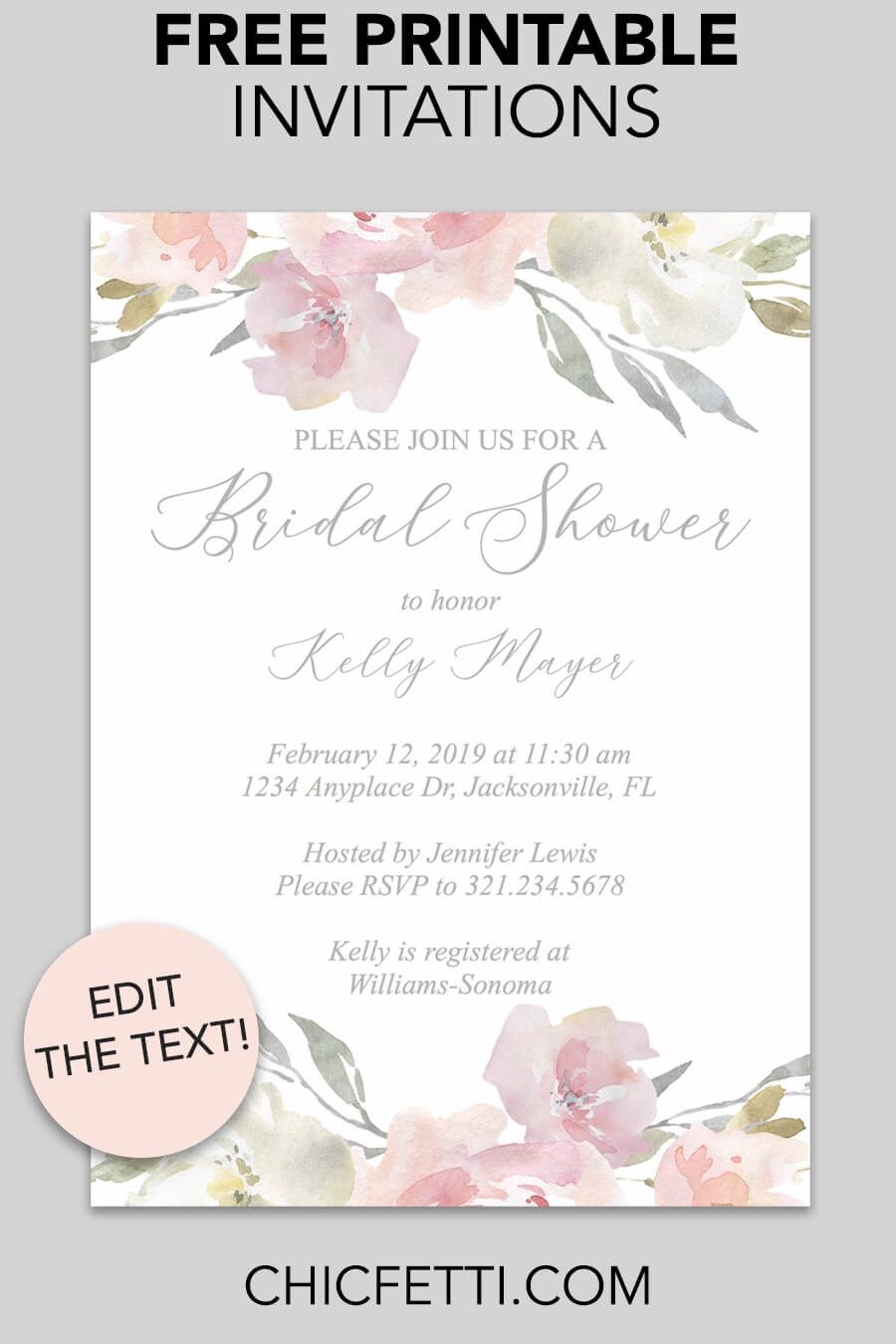 Bridal Shower Printable Invitation (Blush Floral | Invitations - Free Printable Bridal Shower Invitations Templates