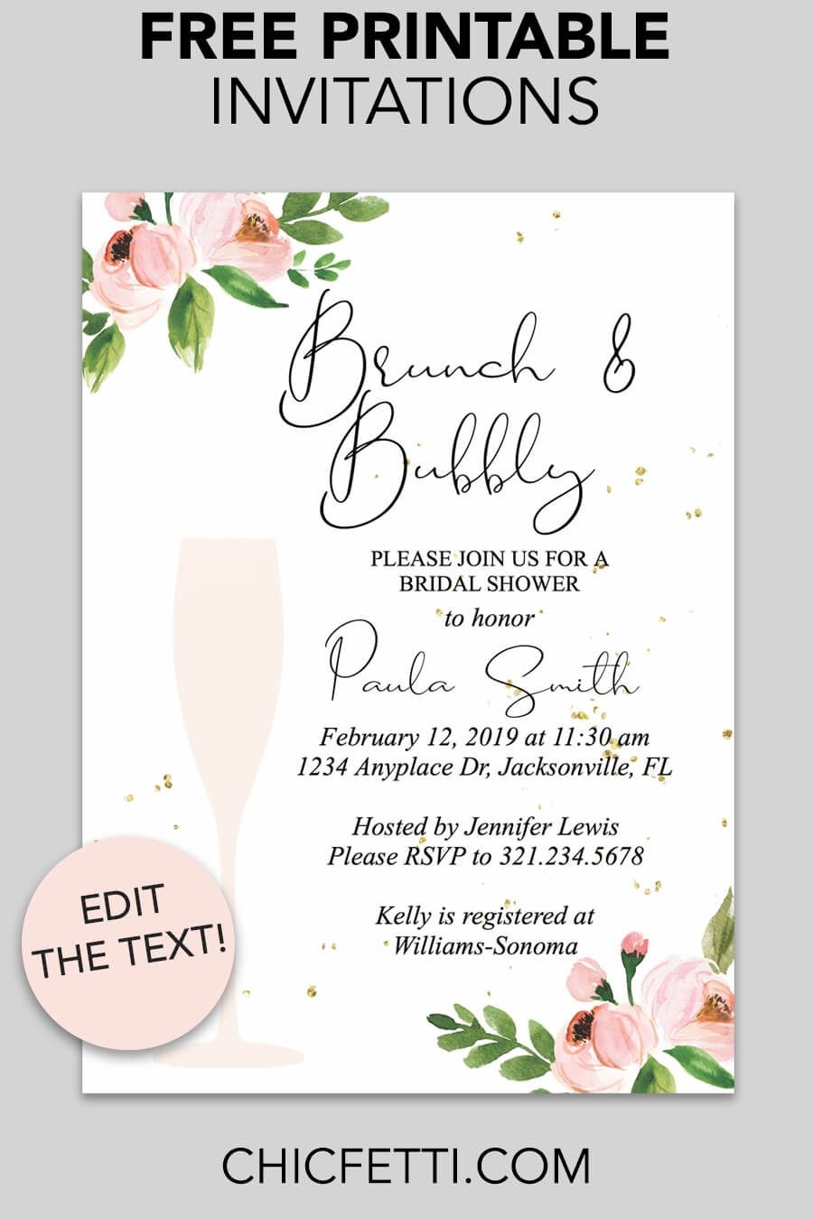 Bridal Shower Printable Invitation (Floral Bubbly | Invitations - Free Printable Bridal Shower Invitations Templates