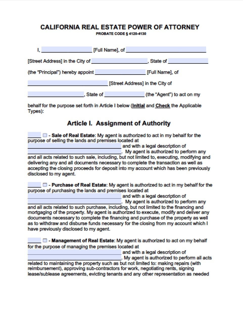 California Real Estate Only Power Of Attorney Form - Power Of - Free Printable Power Of Attorney Form California