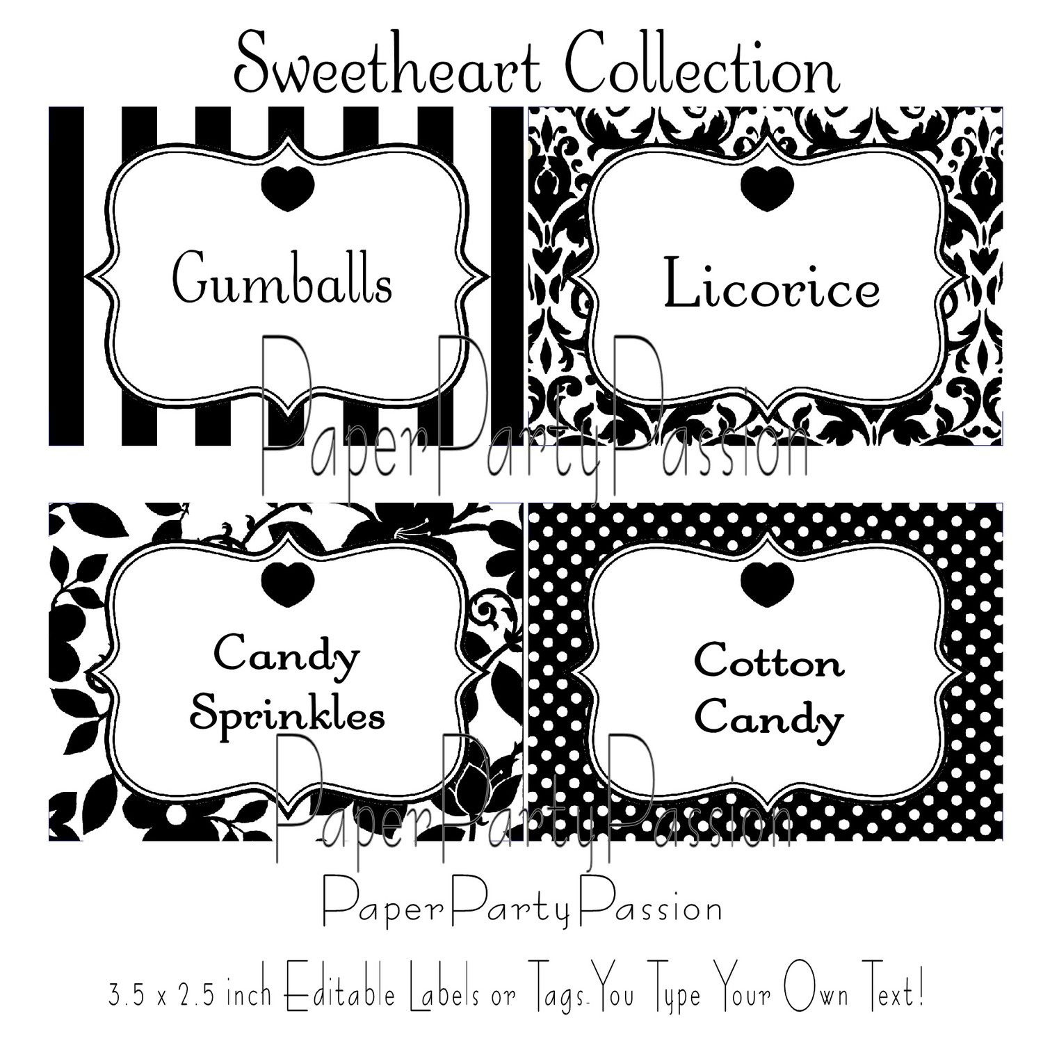 Candy Buffet Printable Editable Party Labels Or Tags Black And White - Free Printable Food Tags For Buffet
