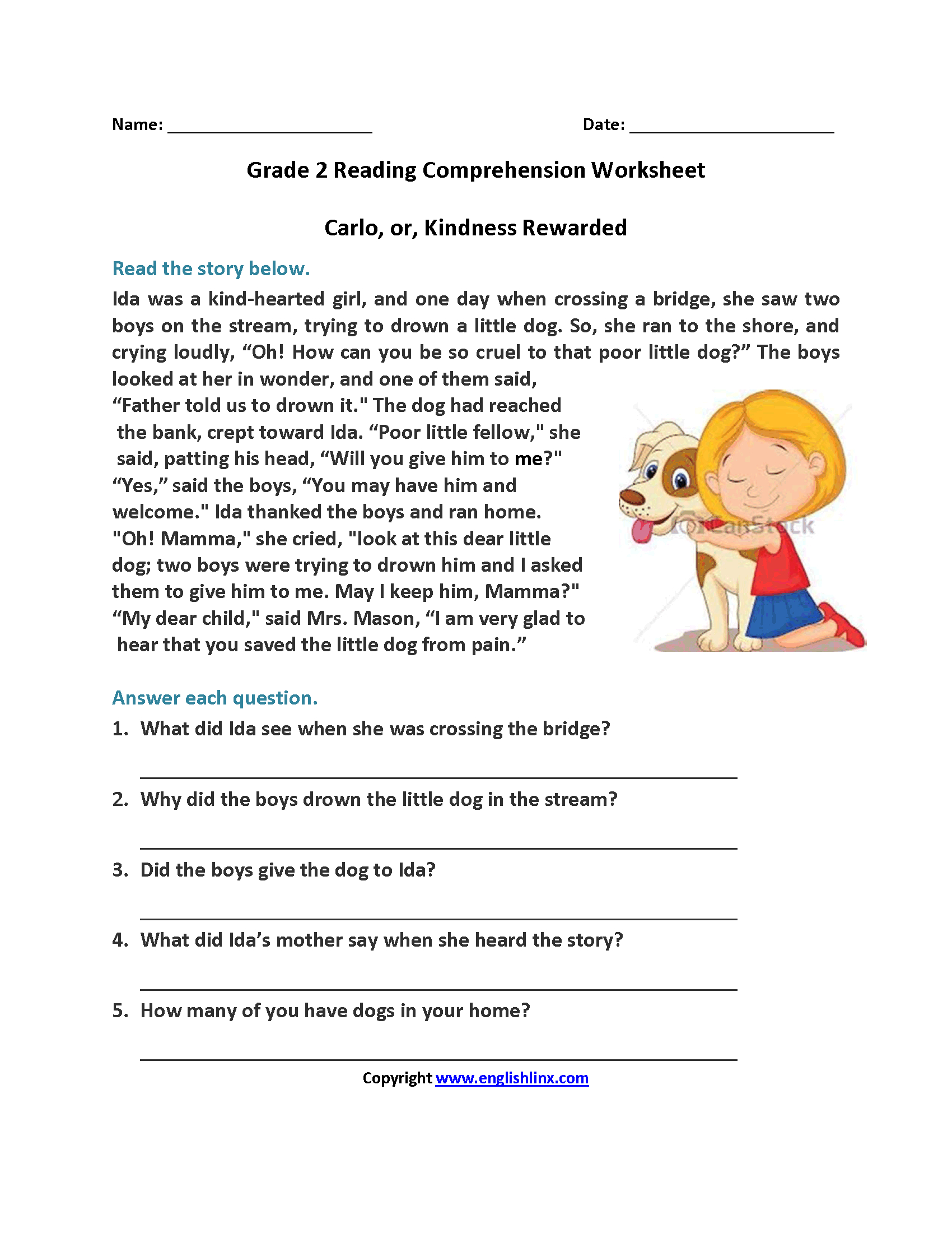 Carlo Or Kindness Rewarded Second Grade Reading Worksheets | Reading - Free Printable Hindi Comprehension Worksheets For Grade 3