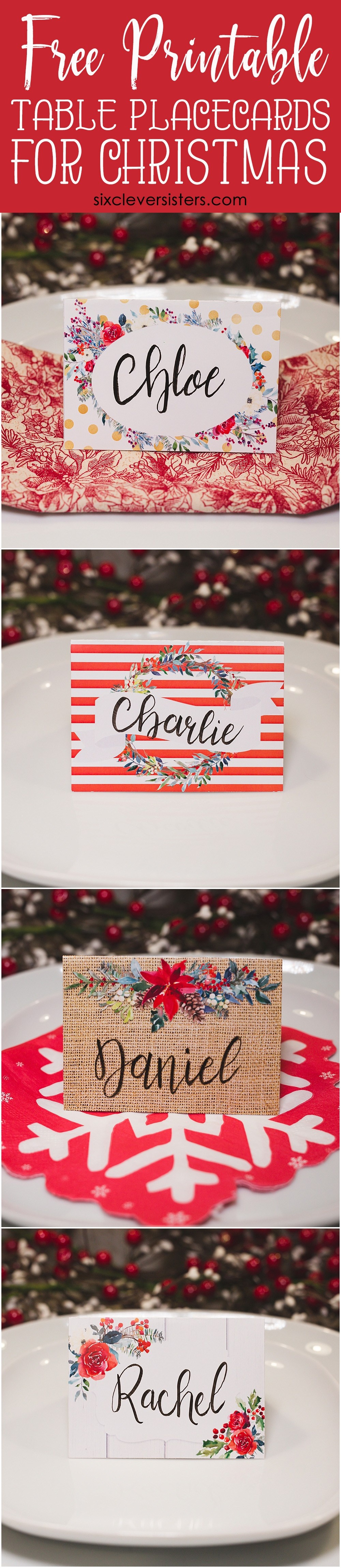 Christmas Table Place Cards { Free Printable} - Six Clever Sisters - Christmas Table Name Cards Free Printable