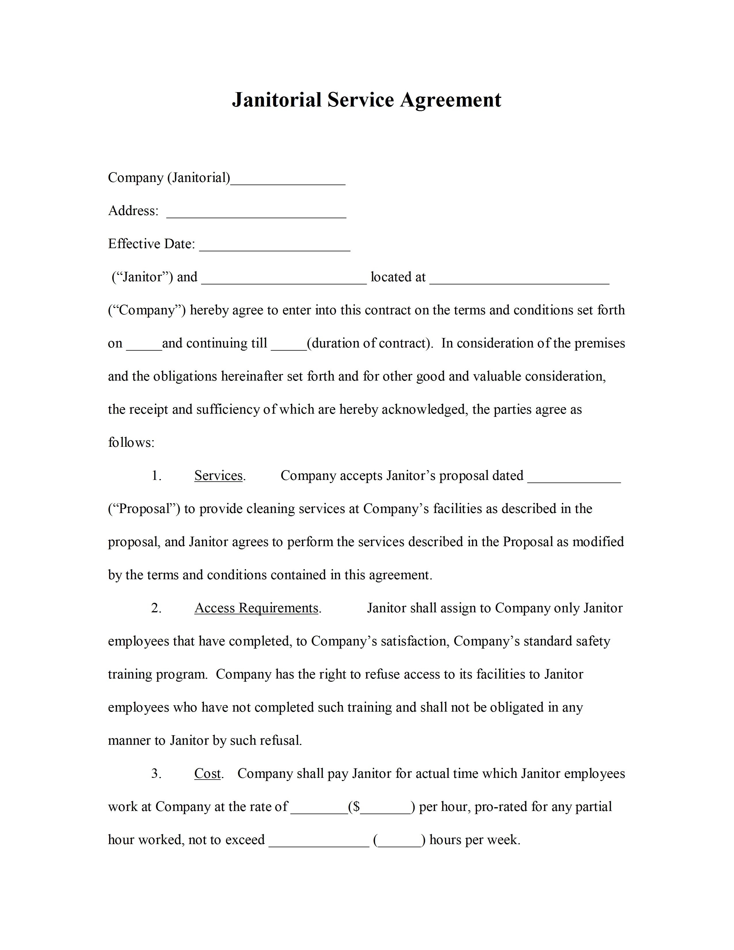 Cleaning Service Agreement Template Janitorial Service Agreement 