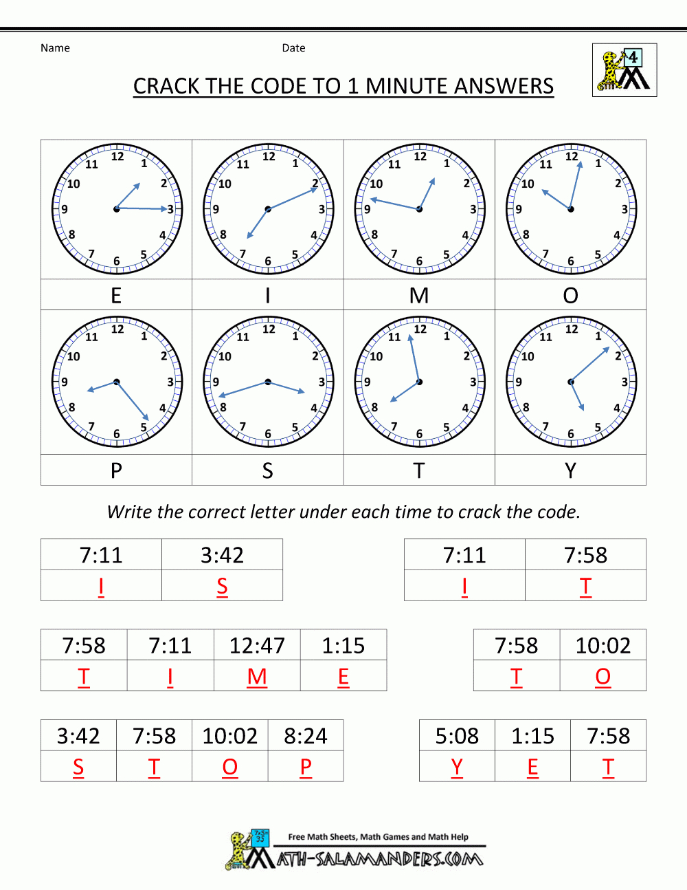 Clock Worksheets - To 1 Minute - Crack The Code Worksheets Printable Free
