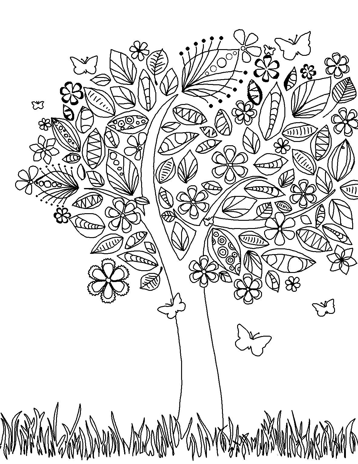 Coloring Page World - Tree Coloring Page With Flowers And - Tree Coloring Pages Free Printable