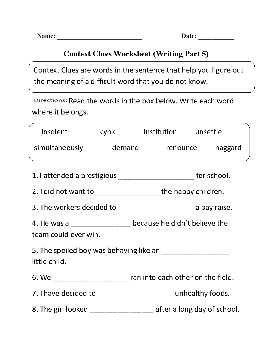 Context Clues Worksheet Writing Part 5 Intermediate | Word Smith - Free Printable 5Th Grade Context Clues Worksheets