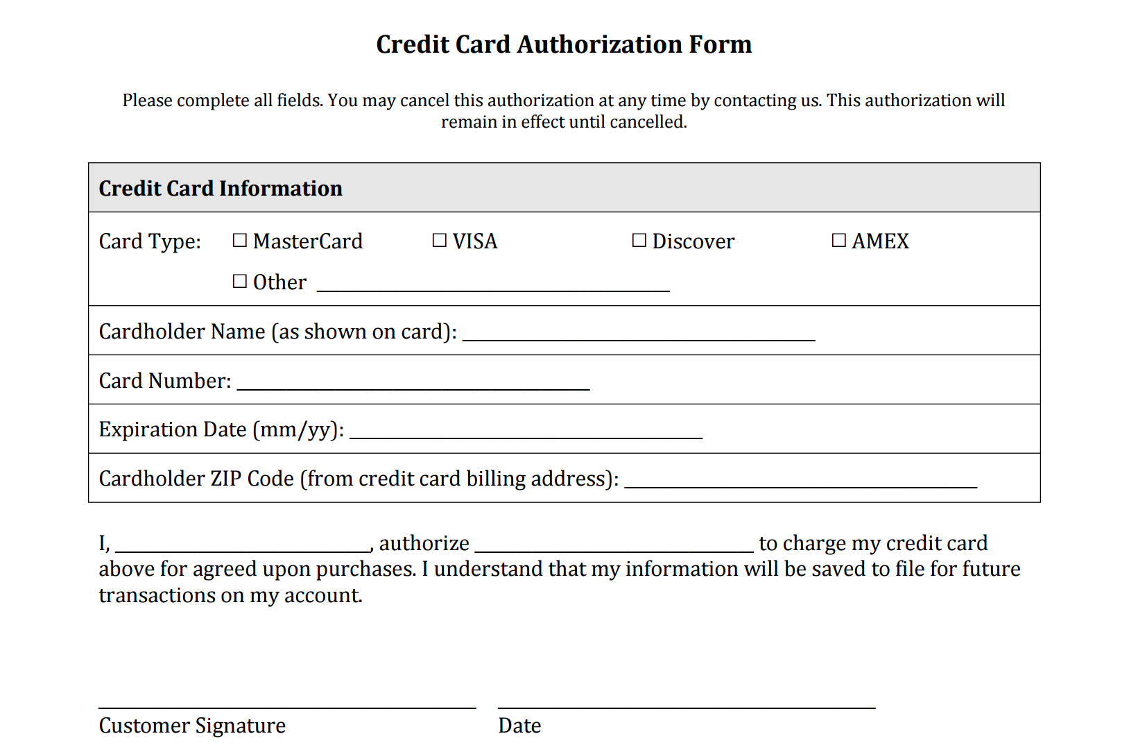 Credit Card Authorization Form Templates [Download] - Free Printable Membership Forms