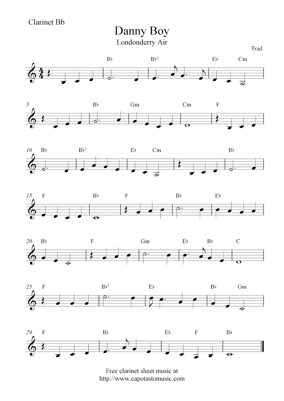 Danny Boy (Londonderry Air), Free Clarinet Sheet Music Notes - Free Sheet Music For Clarinet Printable