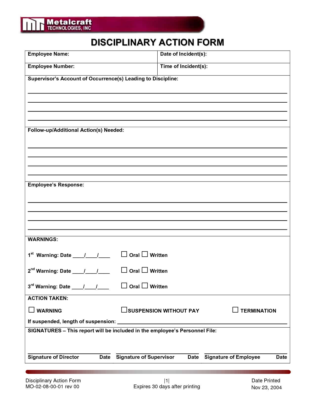 Disciplinary Action Form | Employee Forms | Evaluation Employee - Free Printable Hr Forms