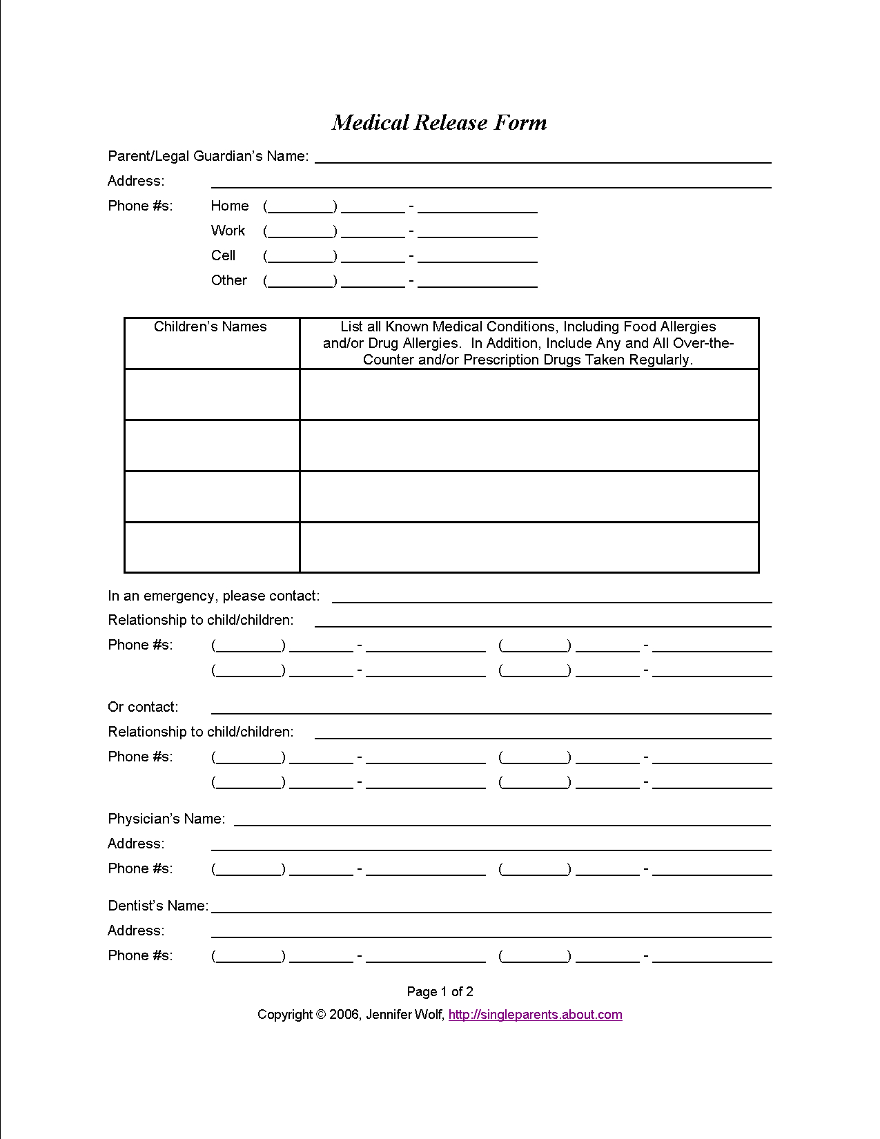 Do You Have A Medical Release Form For Your Kids? | Travel | Medical - Free Printable Caregiver Forms