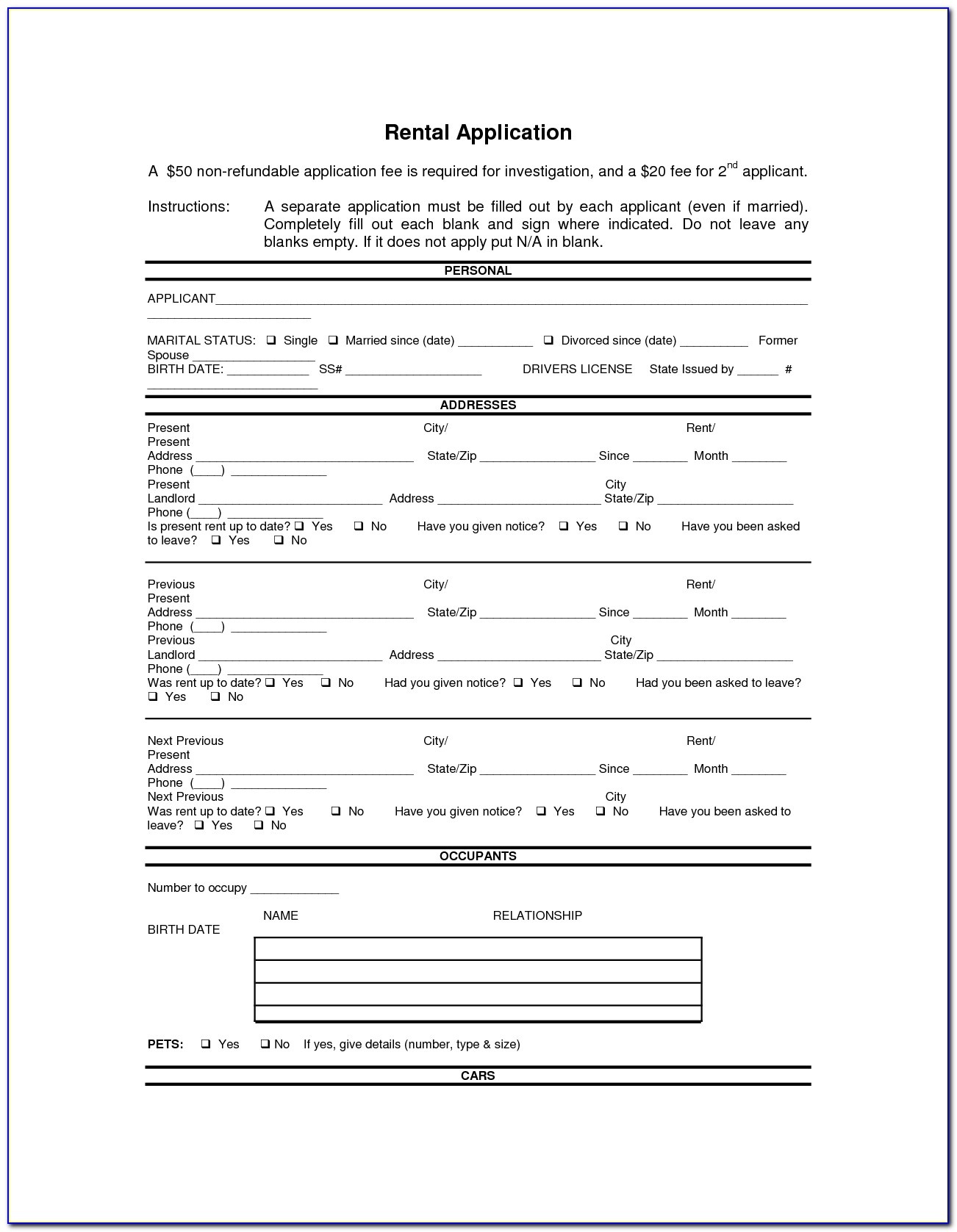 Doc.#592799: Printable Rental Agreement Forms – Free Rental Forms - Free Printable House Rental Application Form
