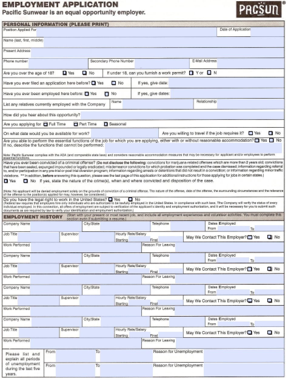 Download Pacsun Job Application Form | Pdf Template Wikidownload - Free Printable Taco Bell Application