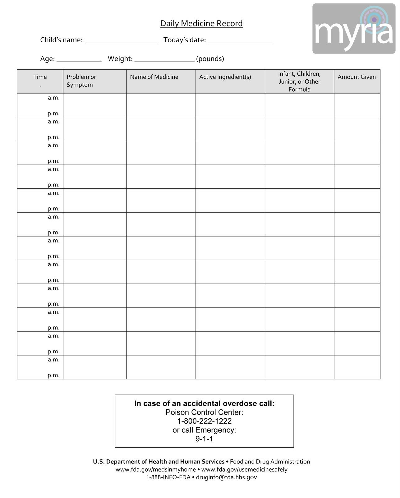 Download &amp;amp; Print A Free Daily Medicine Record Sheet - Myria - Free Printable Daily Medication Schedule