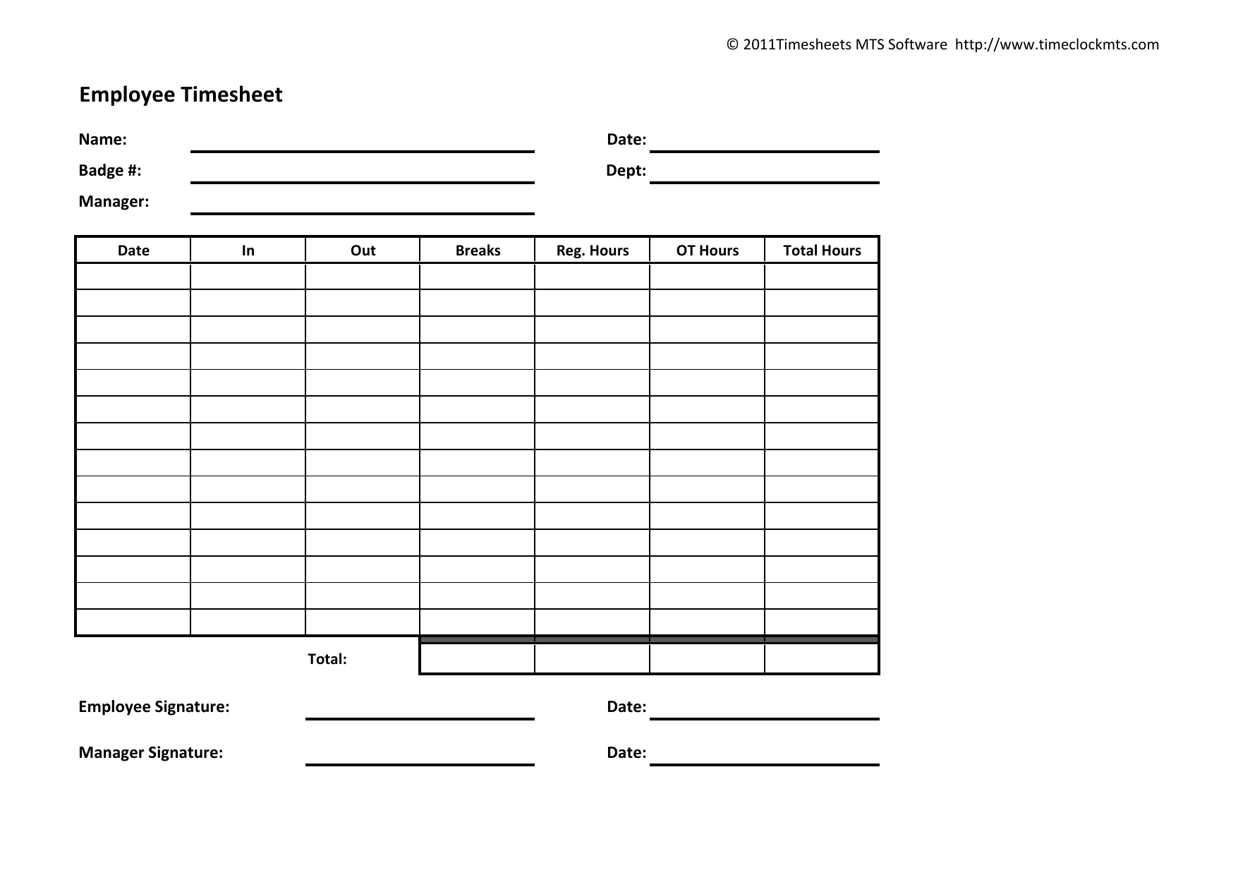 Downloadable Free Printable Weekly Timesheet Template