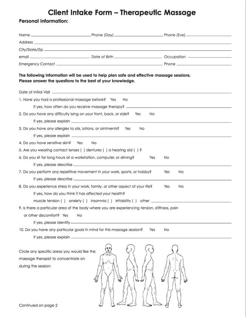 √ Massage Therapy Intake Form Layout, Massage Intake Form - Free - Free Printable Business Forms