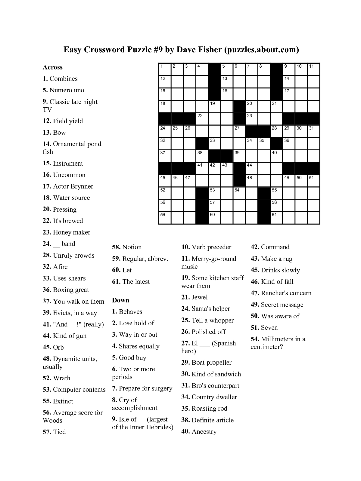 Easy Crossword Puzzle _9Dave Fisher _Puzzlesaboutcom_Lonyoo - Free Online Printable Easy Crossword Puzzles