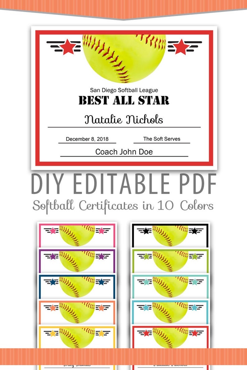 Editable Pdf Sports Team Softball Certificate Award Template | Etsy - Free Printable Softball Certificates