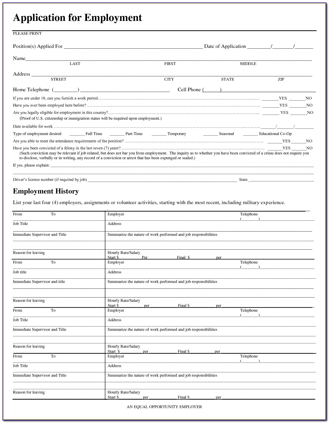 Employment Application Forms Free Printable - Form : Resume Examples - Free Printable Forms