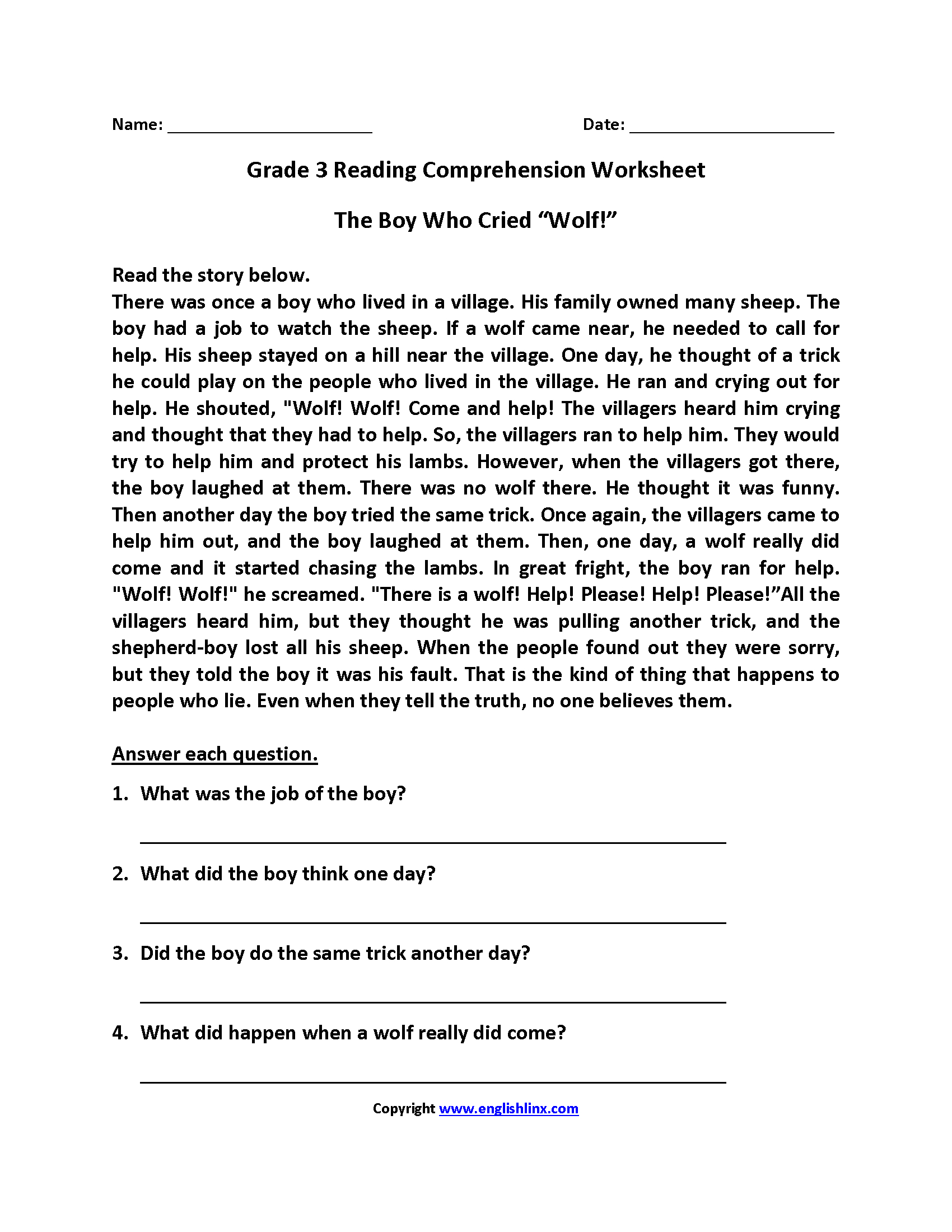 English Worksheets | Reading Worksheets - Free Printable 3Rd Grade Reading Worksheets