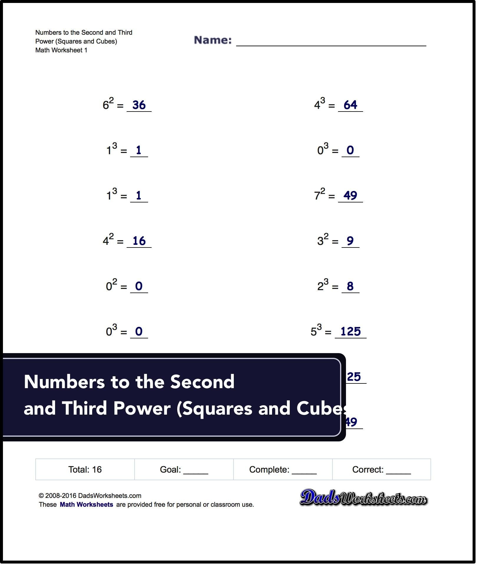 Exponents Worksheets For Numbers To The Second And Third Power - Free Printable Exponent Worksheets