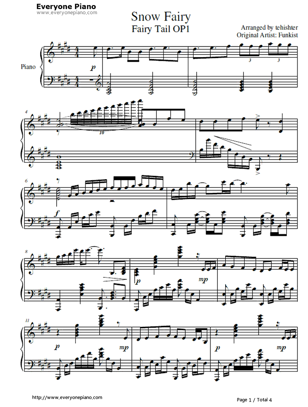 Fairy Tail Opening Theme 1: Snow Fairy Version 2 Pg 1 Of 4 | Anime - Airplanes Piano Sheet Music Free Printable