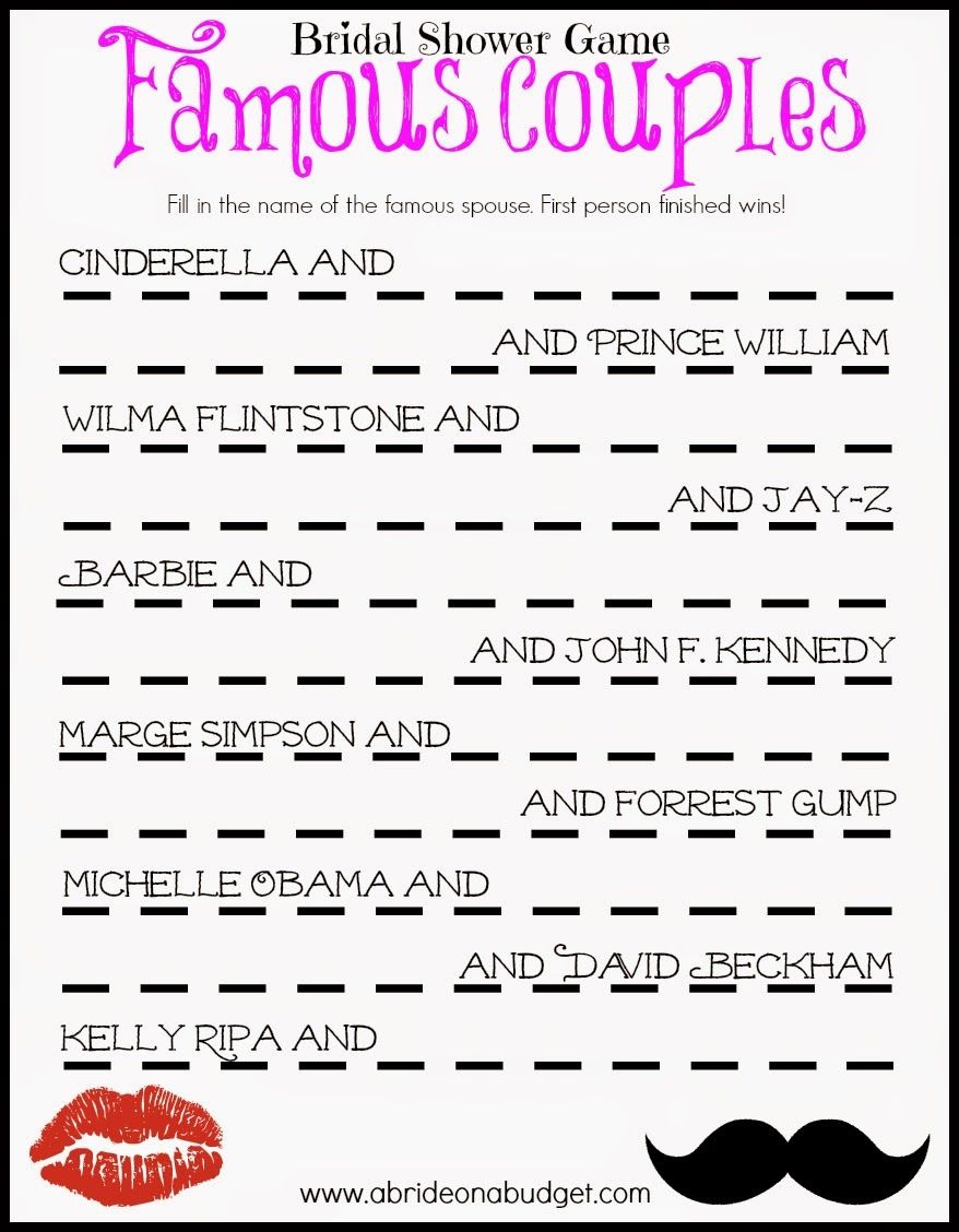 Famous Couples Bridal Shower Game (Free Printable) | Frugal And - Free Printable Group Games