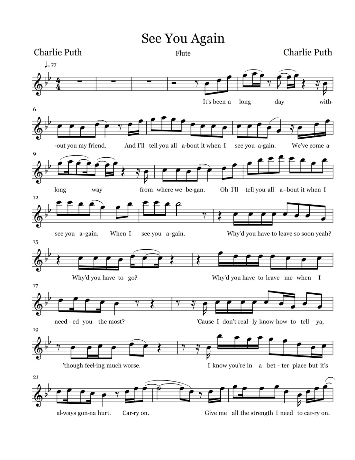 Flute Sheet Music: See You Again - Sheet Music - Dynamite Piano Sheet Music Free Printable