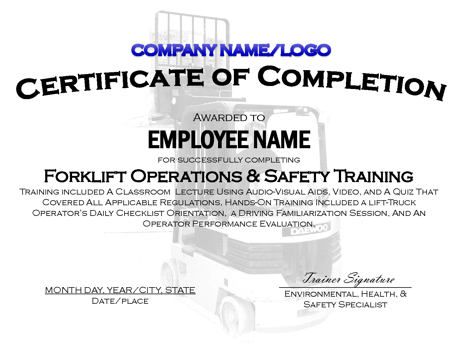 Forklift Certificate Template