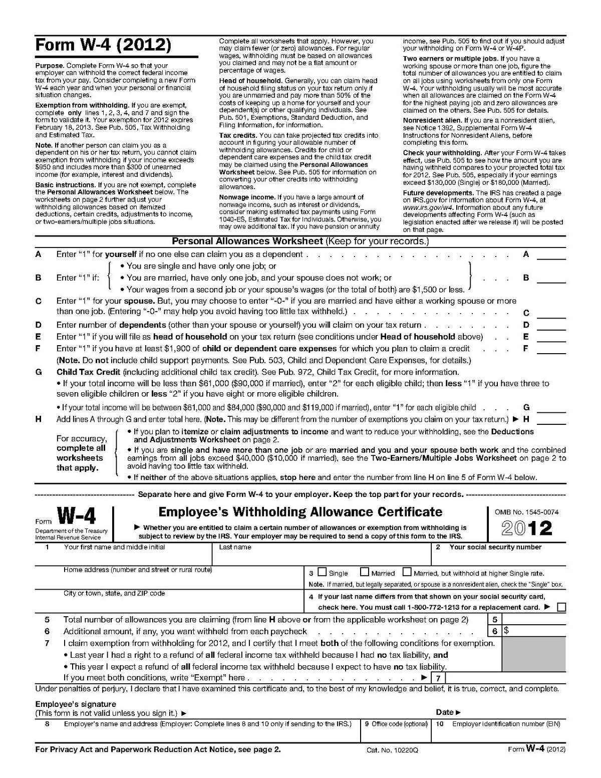 W4 Form Worksheets