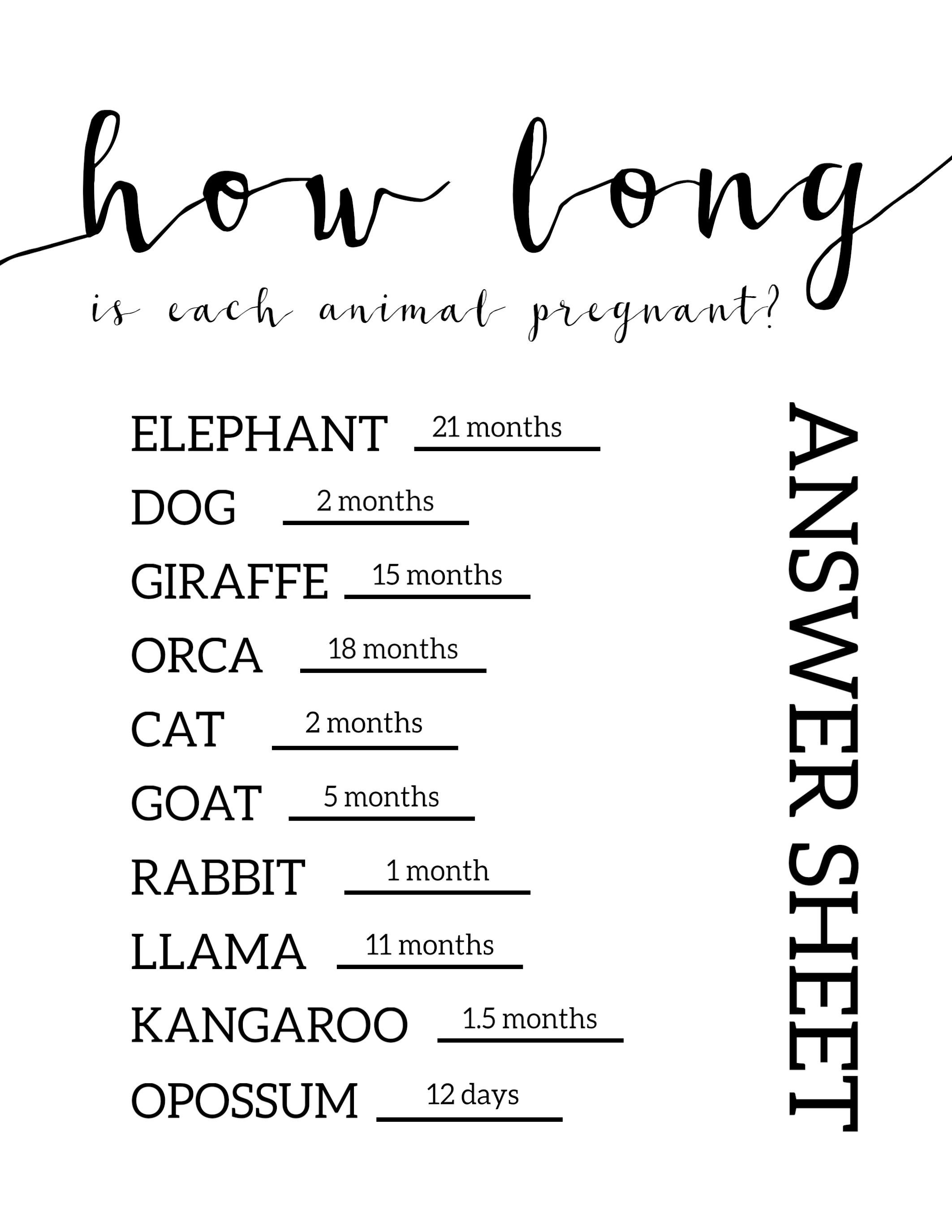 Free Baby Shower Games Printable {Animal Pregnancies} | Baby Shower - Free Printable Baby Shower Games With Answers