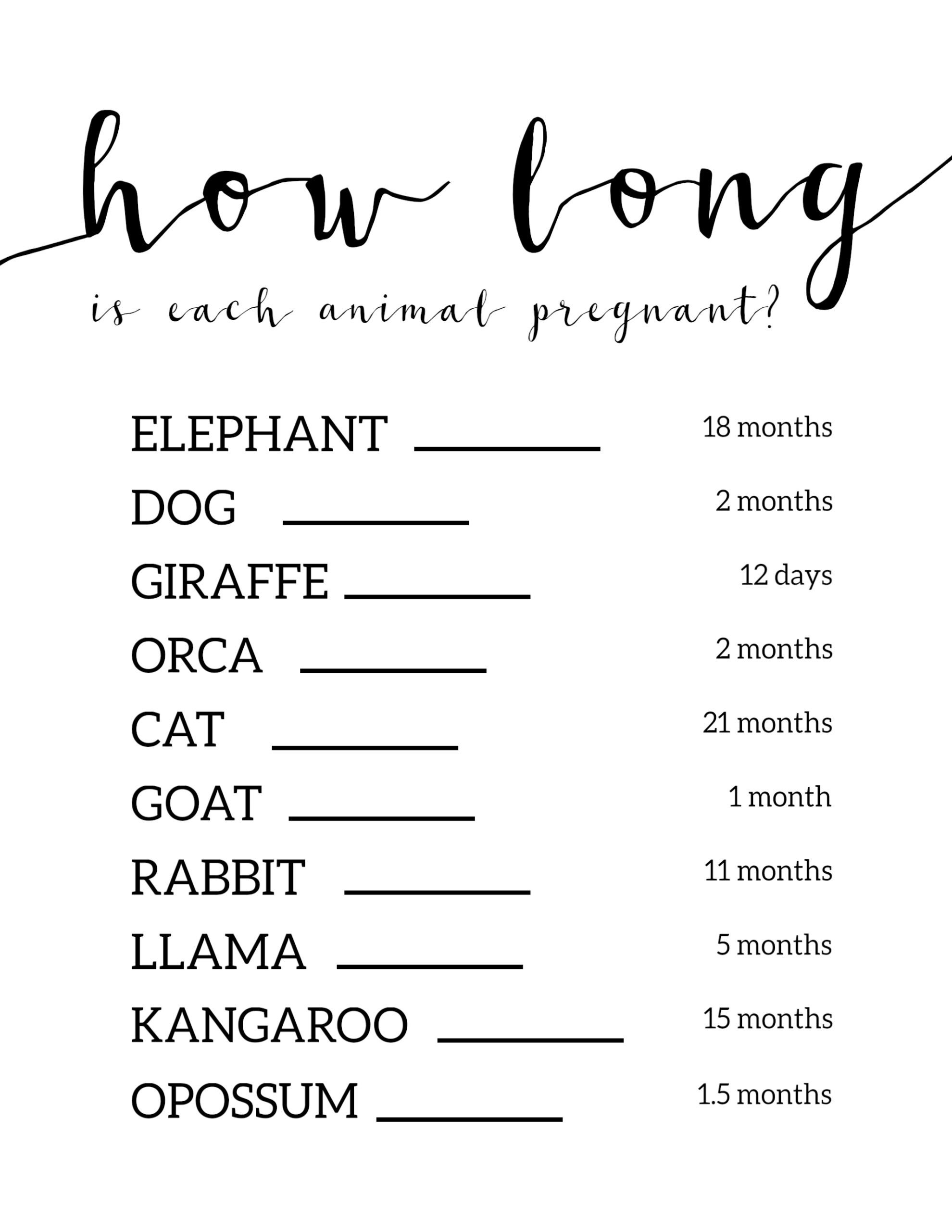 Free Baby Shower Games Printable {Animal Pregnancies} - Paper Trail - Free Printable Baby Shower Games With Answer Key
