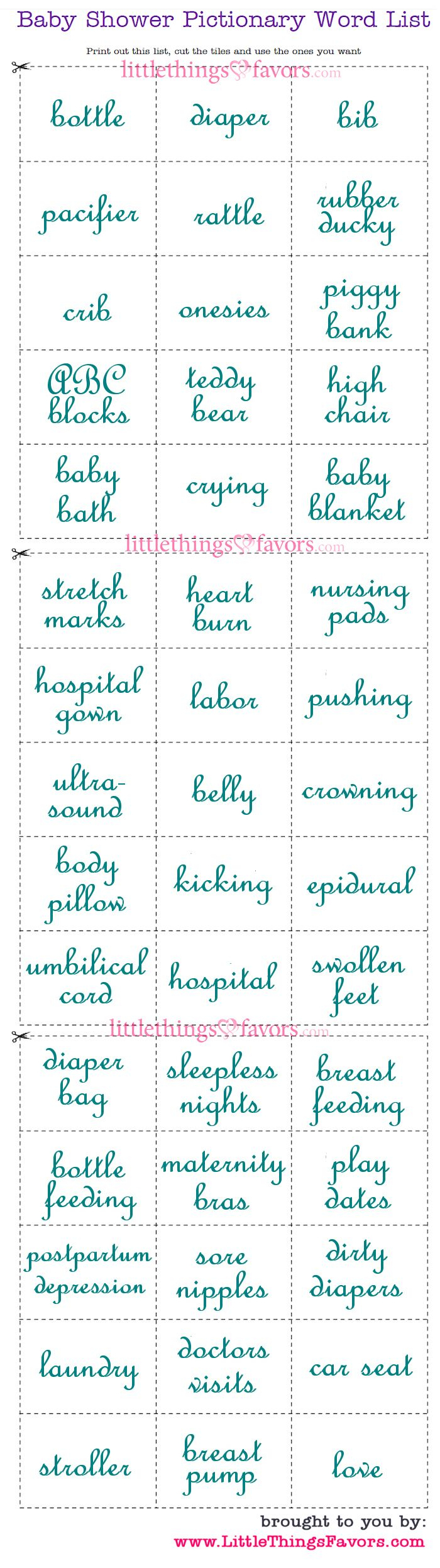 Free Baby Shower Pictionary Word List To Print. #printables - Click - Free Printable Pictionary Cards