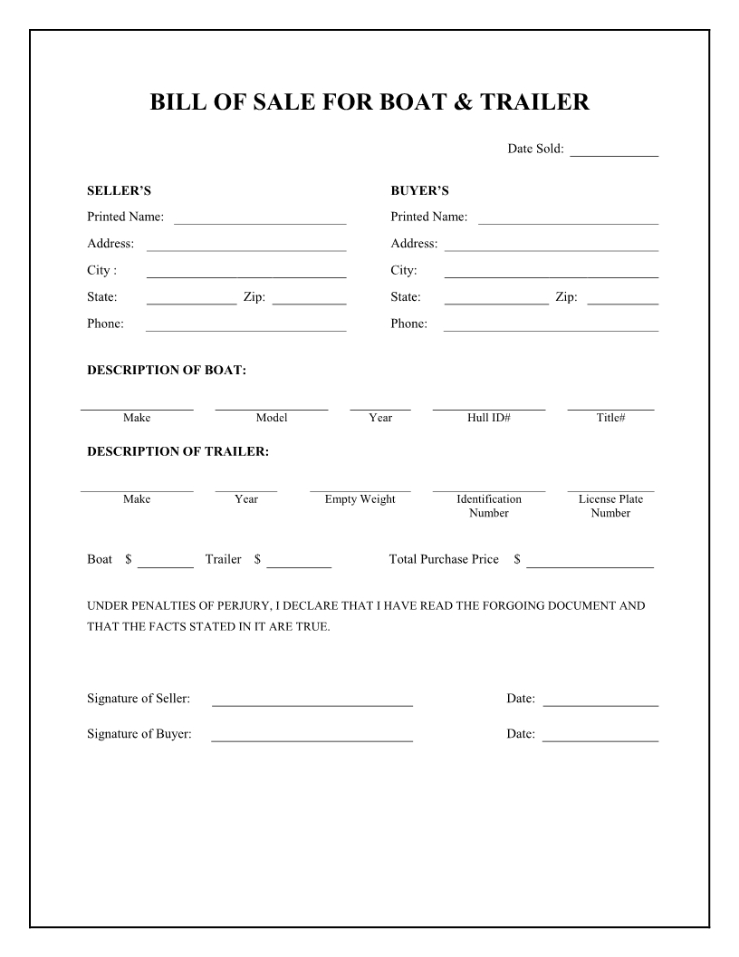 Free Boat &amp;amp; Trailer Bill Of Sale Form - Download Pdf | Word - Free Printable Texas Bill Of Sale Form