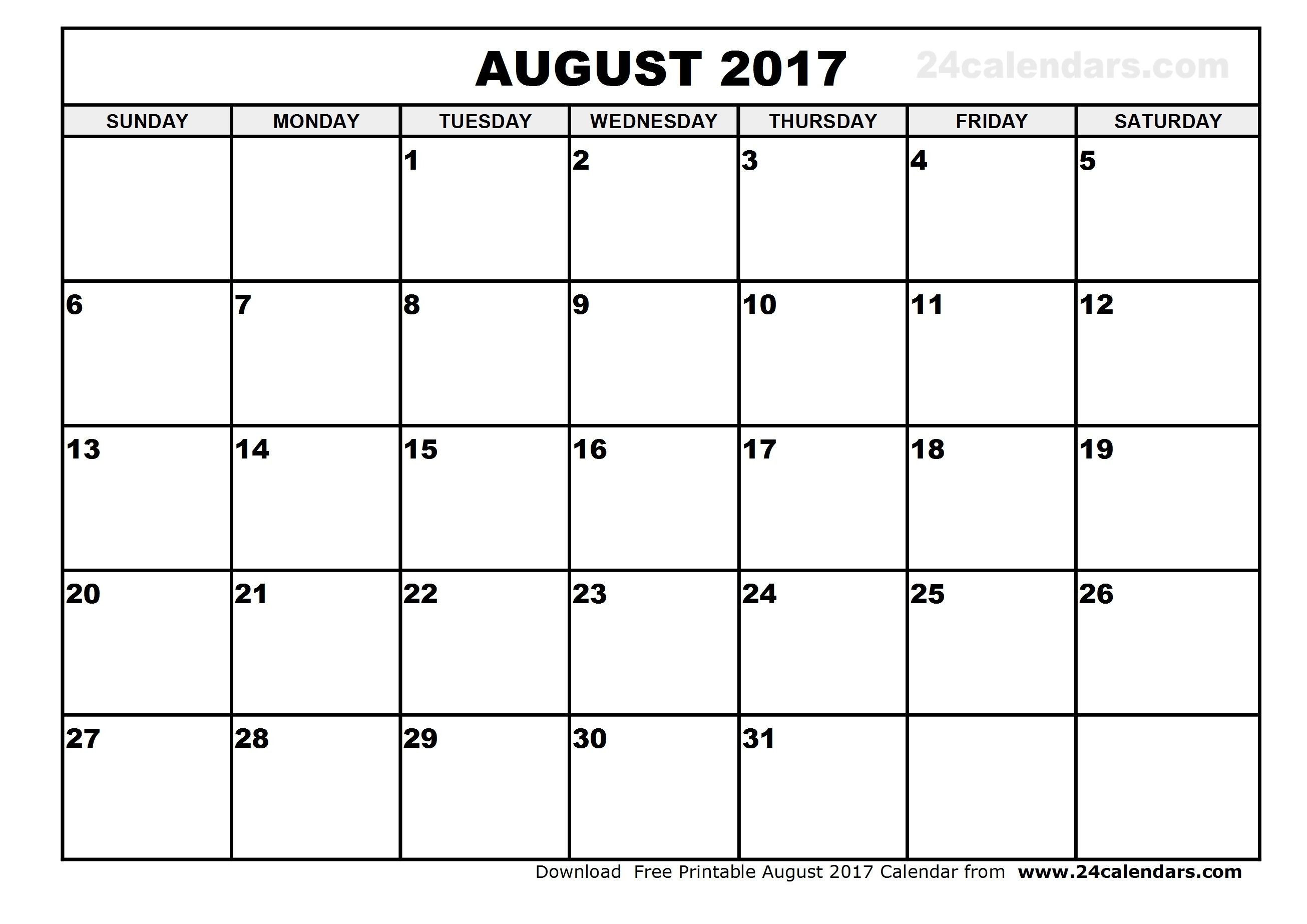 Free Calendar August 2017 | Thekpark-Hadong - Free Printable August 2017