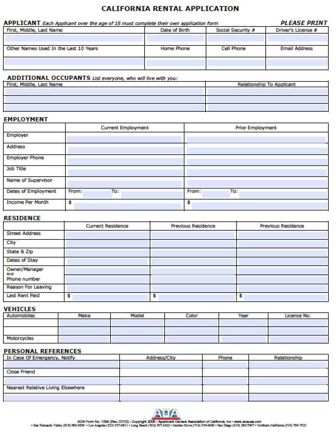 Free California Rental Application – Pdf Template - Free Printable Rental Application Form