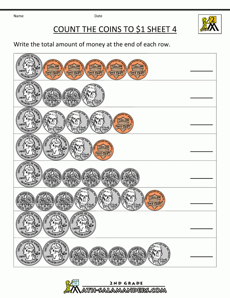 Free Counting Money Worksheets Count The Coins To 1 Dollar 4 - Free Printable Counting Money Worksheets For 2Nd Grade