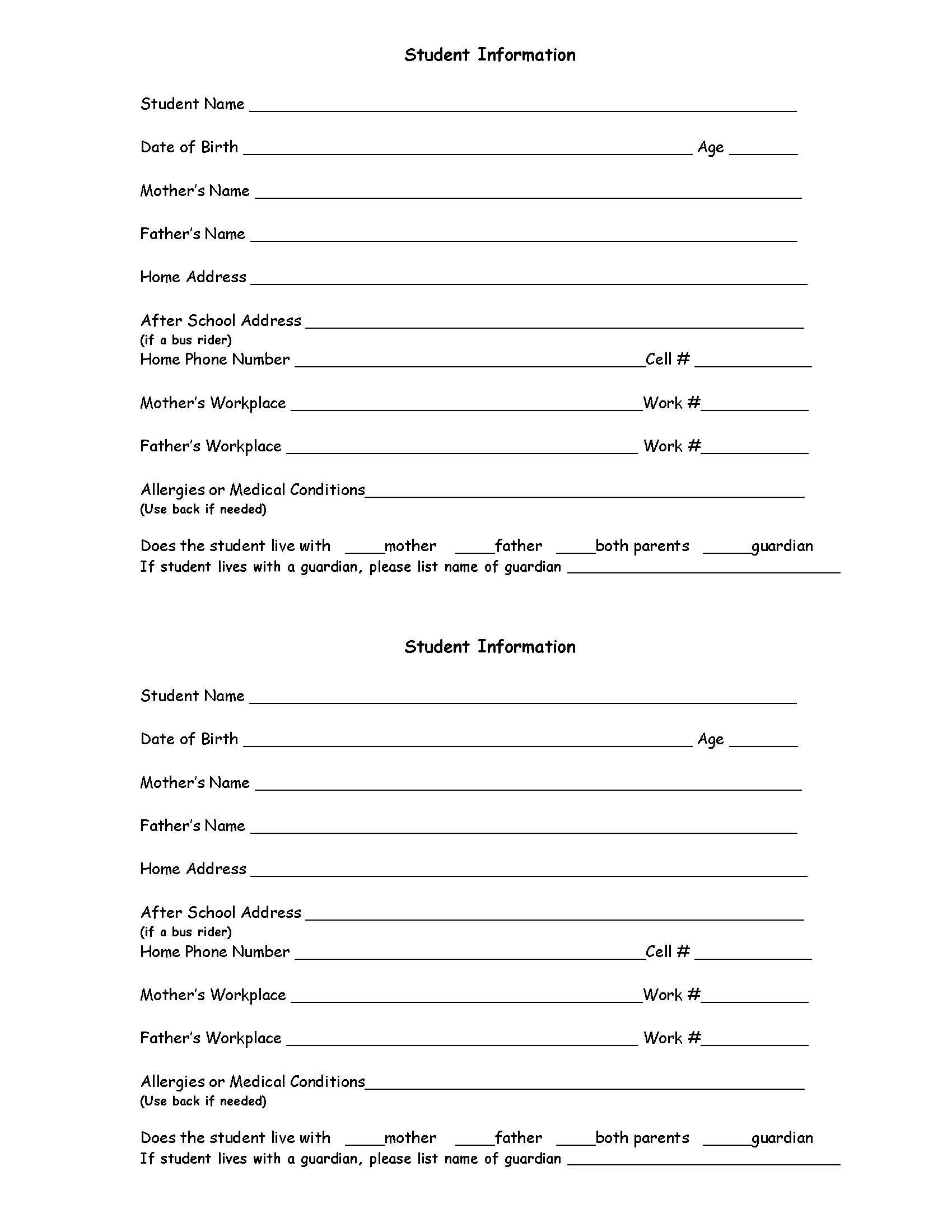 Free Download : Student Information Sheet (Freebie) | Kindergarten - Free Printable Parent Information Sheet