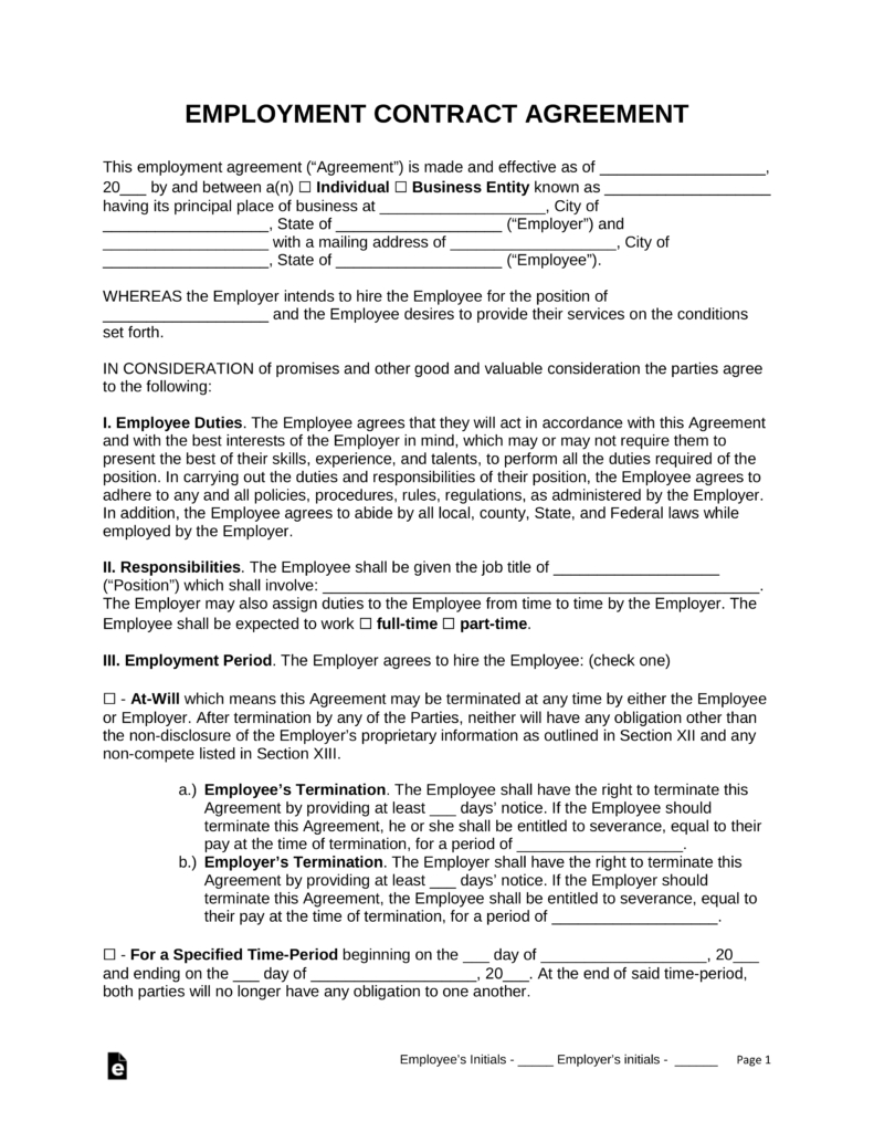 Free Employment Contract Agreement - Pdf | Word | Eforms – Free - Free Printable Employment Contracts