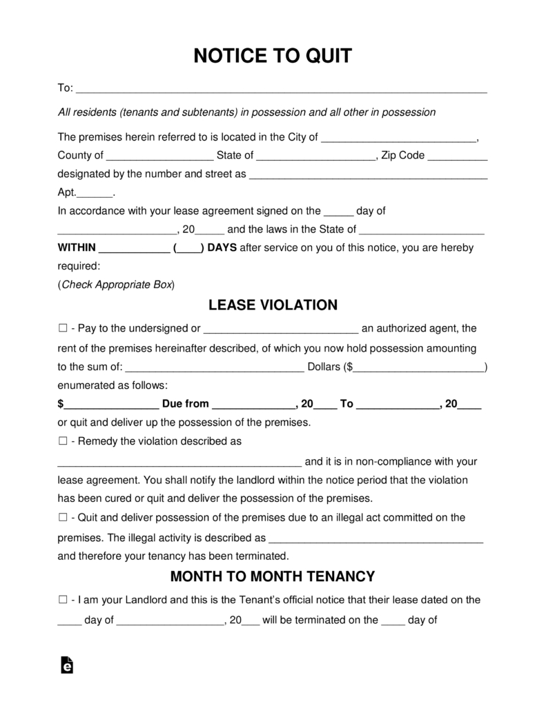 Free Eviction Notice Forms - Notices To Quit - Pdf | Word | Eforms - Free Printable 3 Day Eviction Notice