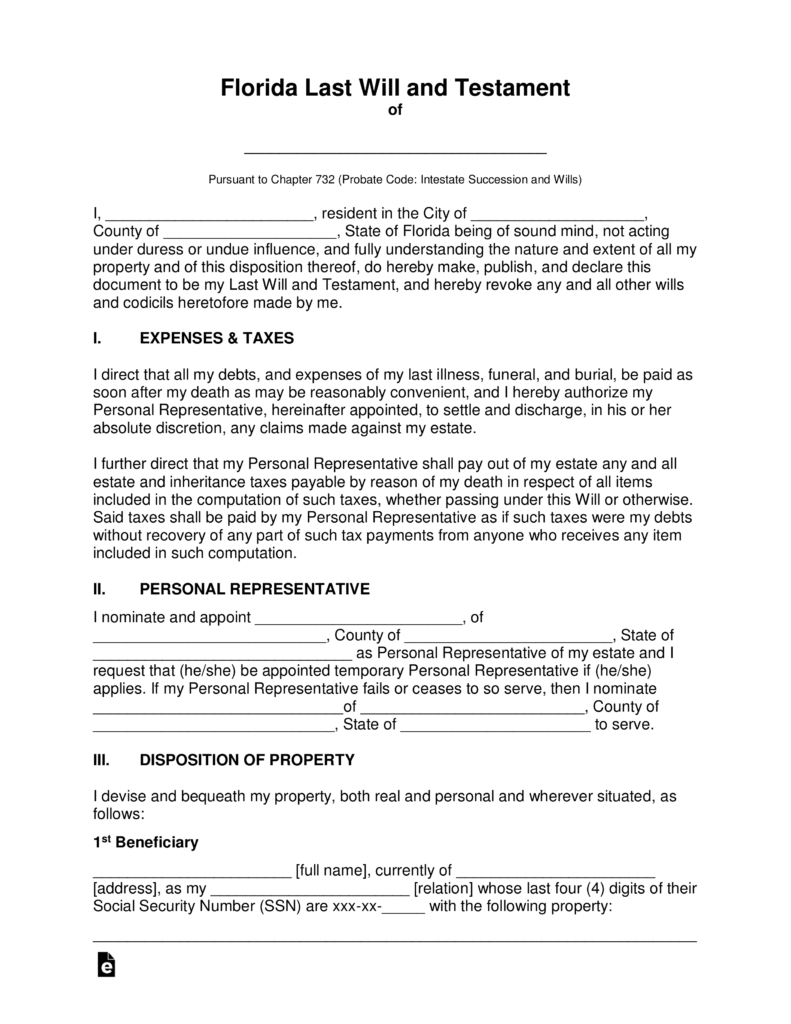 Free Florida Last Will And Testament Template - Pdf | Word | Eforms - Free Printable Florida Last Will And Testament Form