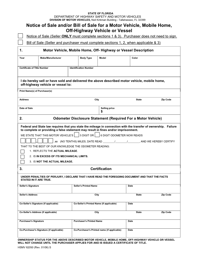 Free Florida Vehicle, Mobile Home, Vessel Bill Of Sale Form - Free Printable Bill Of Sale For Mobile Home