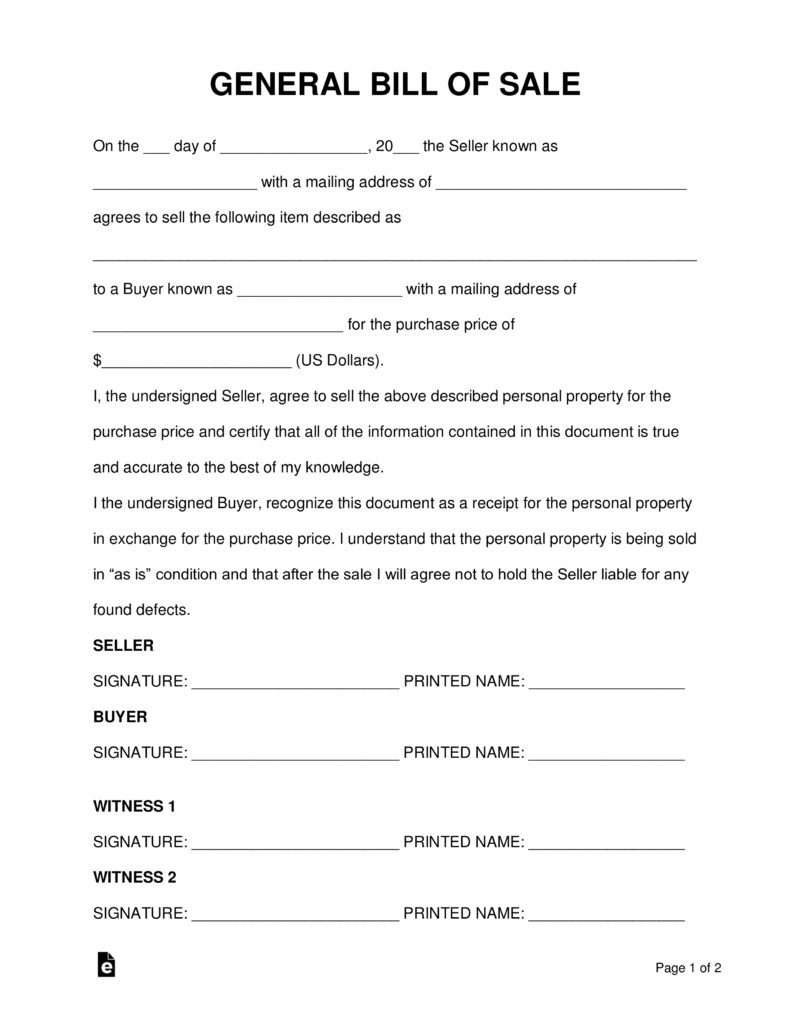 Free General (Personal Property) Bill Of Sale Form - Word | Pdf - Free Printable Generic Bill Of Sale