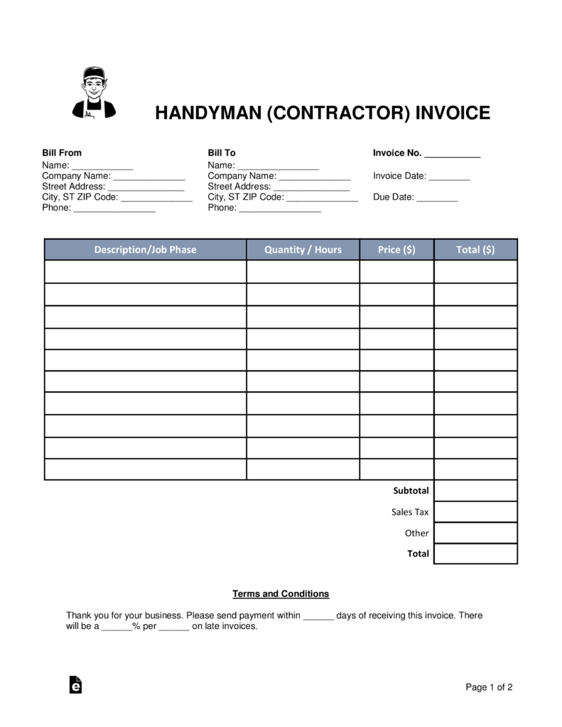 Free Handyman (Contractor) Invoice Template - Word | Pdf | Eforms - Free Printable Handyman Contracts