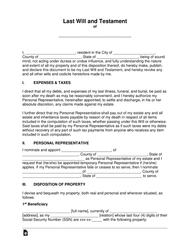 Free Last Will And Testament Templates - A “Will” - Pdf | Word - Free Printable Will Papers